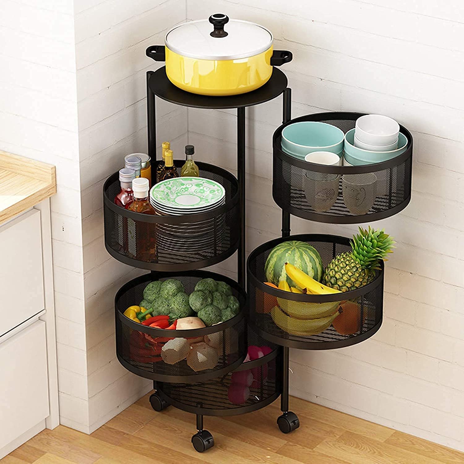 3, 4 and 5 Layer Metal Kitchen Rotating Trolley Portable Storage Rack Round  Design Fruits and Vegetable Onion Cutlery, Spice, Jars Container, Basket  Organizer Holder Stand for Kitchen - Black | Daraz.pk